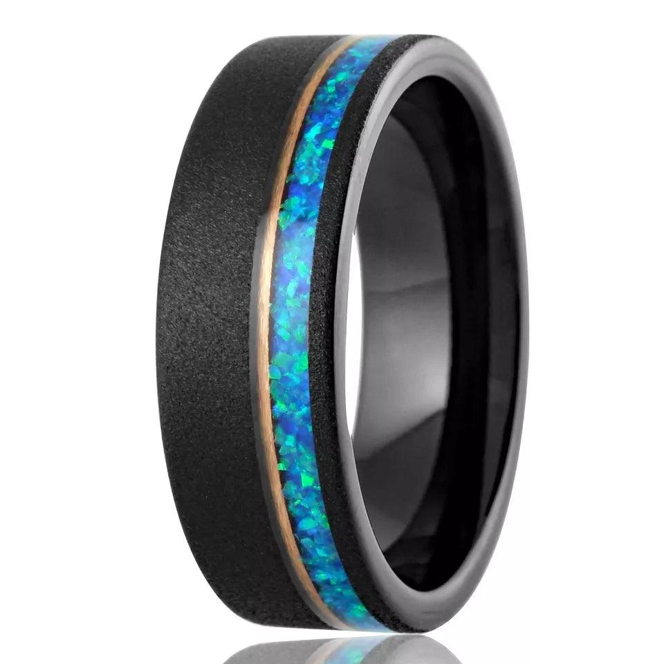 Blue Teal Opal Meteorite Wedding Band Ring for Men with Guitar String Black Rose Gold Tungsten Carbide