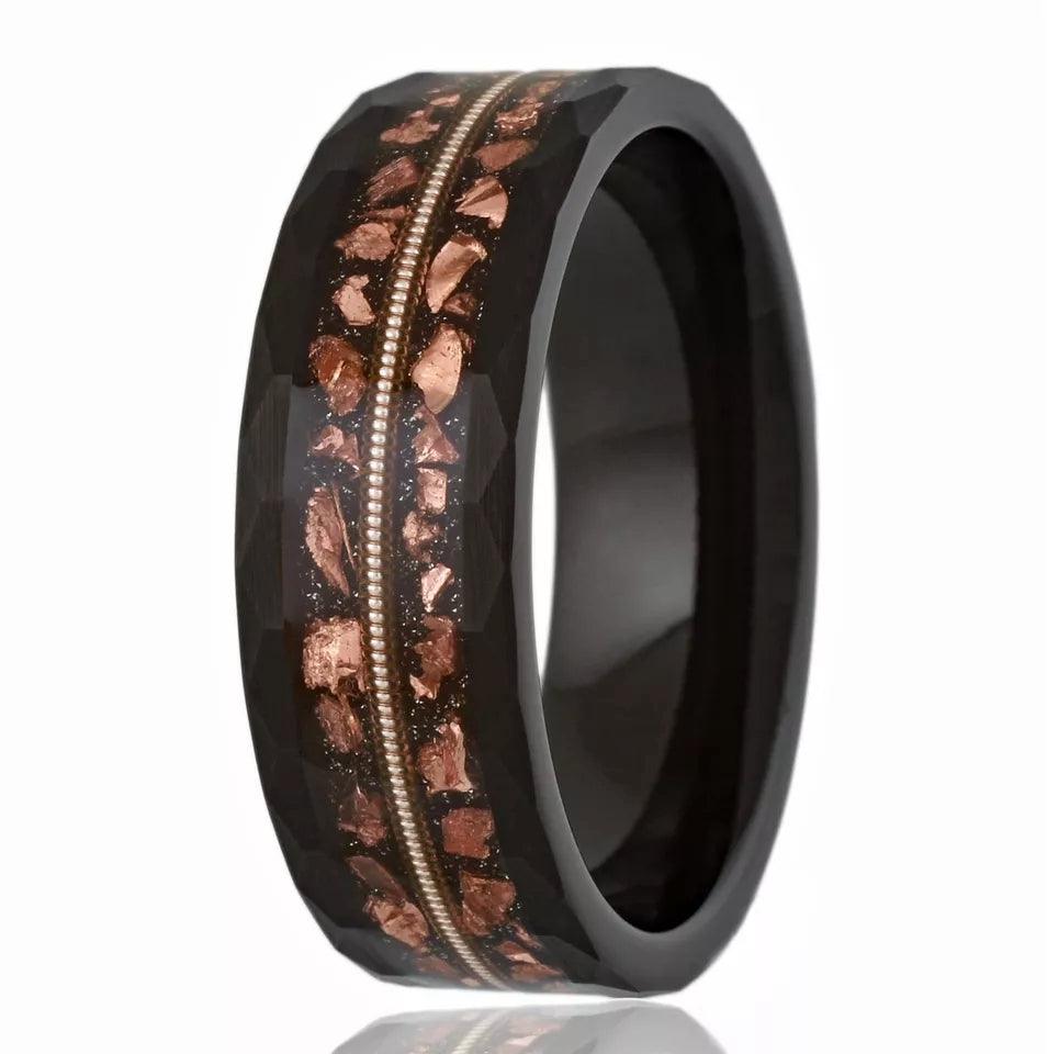 Meteorite Guitar String Wedding Band Ring for Men Black Tungsten Carbide Engagement Ring