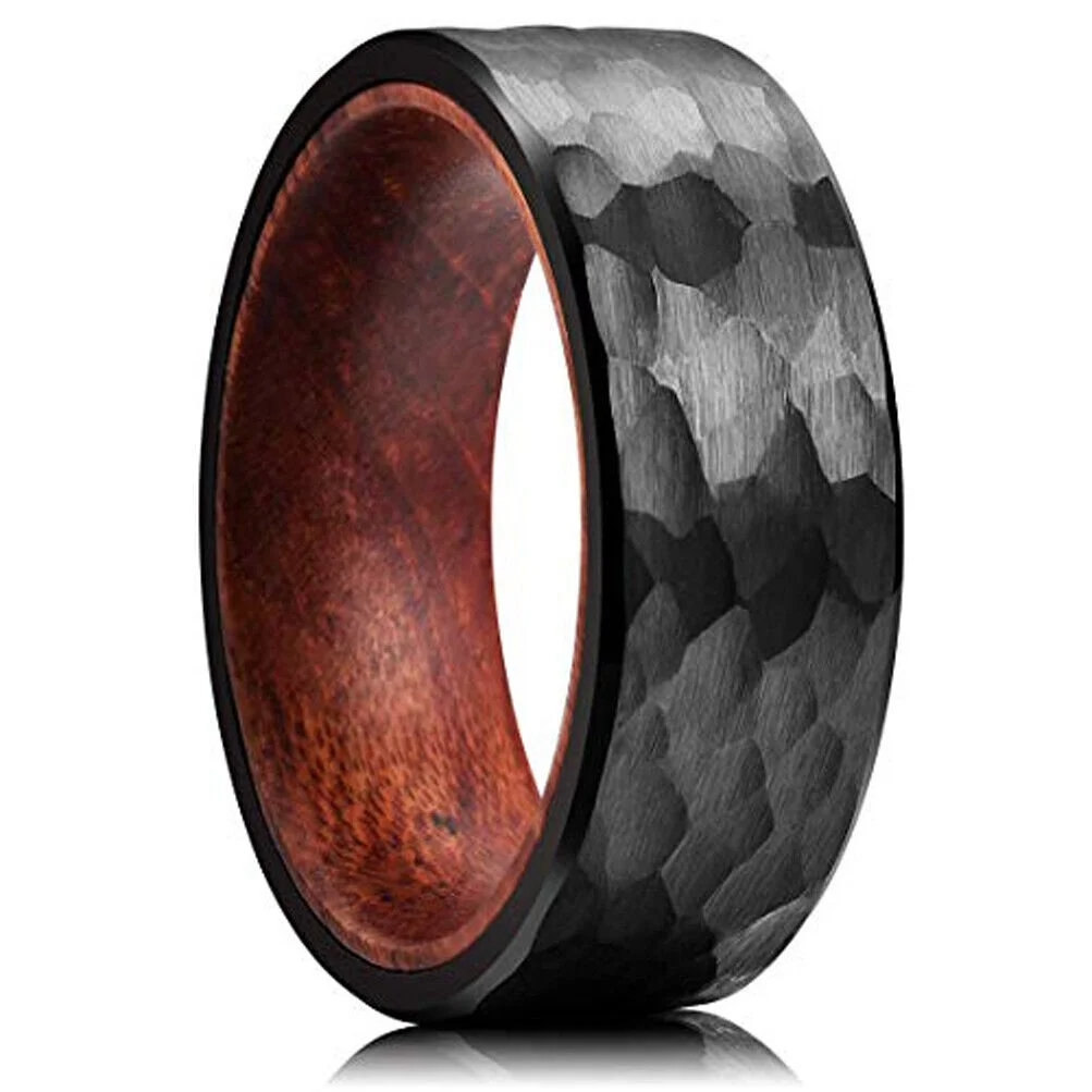 Wedding Band Ring Black Brushed Hammered Tungsten Carbide Ring with Rosewood