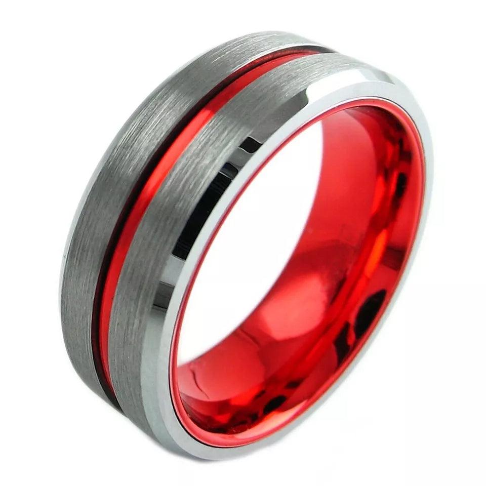 Wedding Band Ring for Men Tungsten Men's Red Line Brushed Silver - Jewelry Store by Erik Rayo
