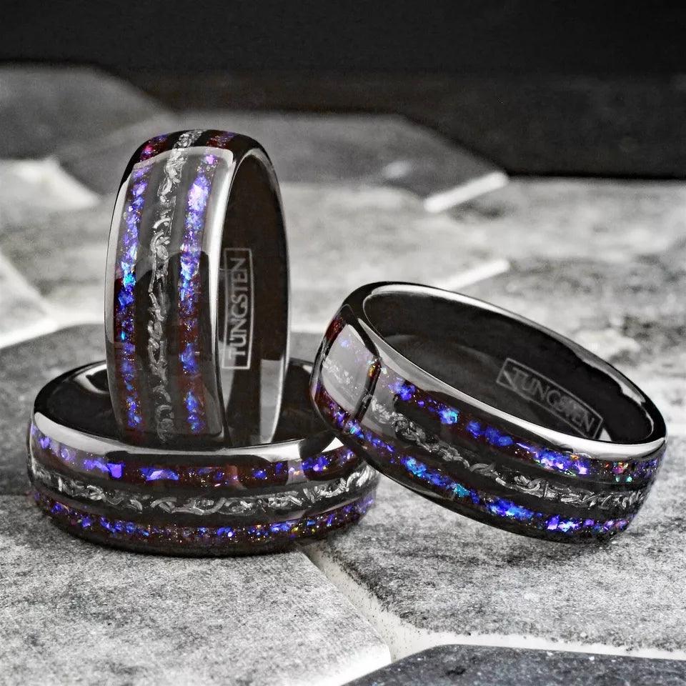 Unique Black Meteorite Tungsten Carbide Wedding Band Ring for Men & Women – Blue Sandstone & Meteorite Space Galaxy Design - Jewelry Store by Erik Rayo
