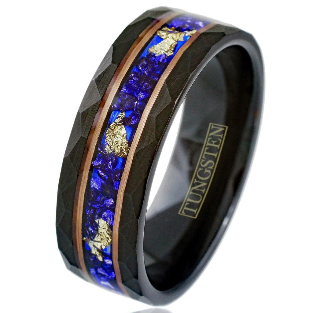 Black Tungsten Carbide Wedding Band Ring for Men & Women – Blue Opal & 24K Gold Leaf Inlay Design - Jewelry Store by Erik Rayo