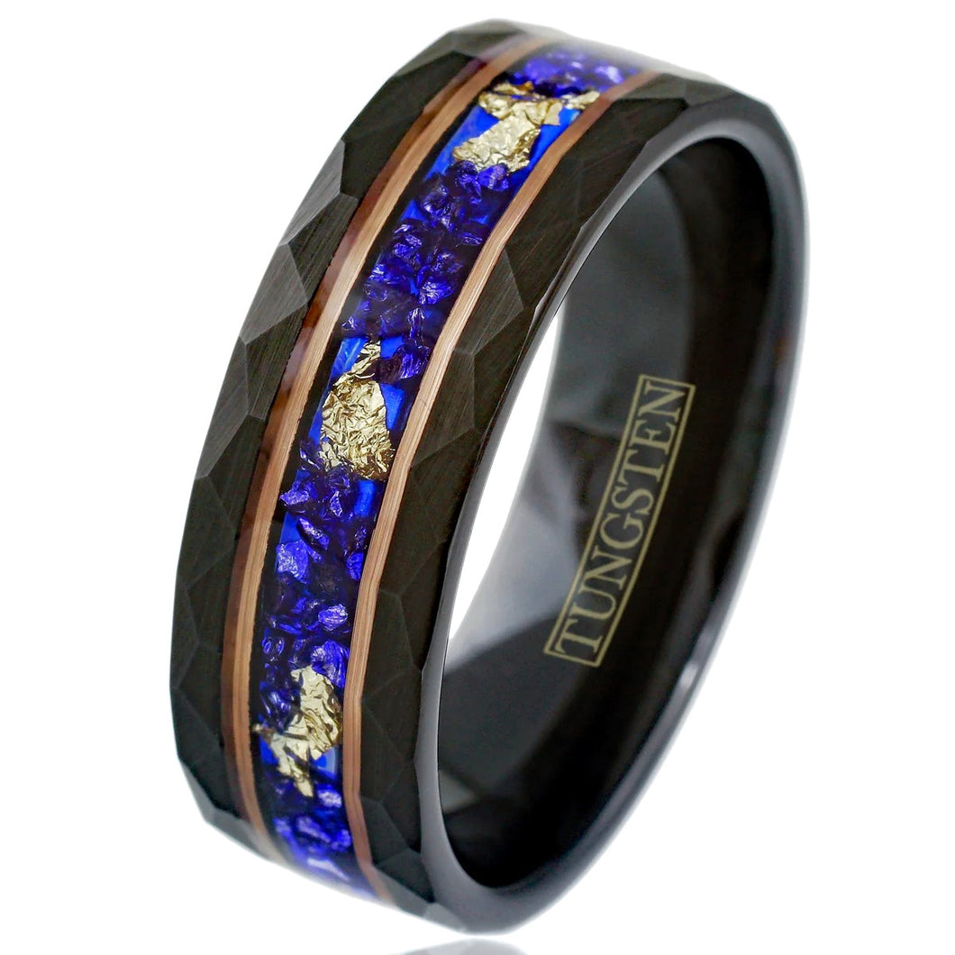 Black Tungsten Carbide Wedding Band Ring for Men for Women Blue Opal and 24K Gold Leaf