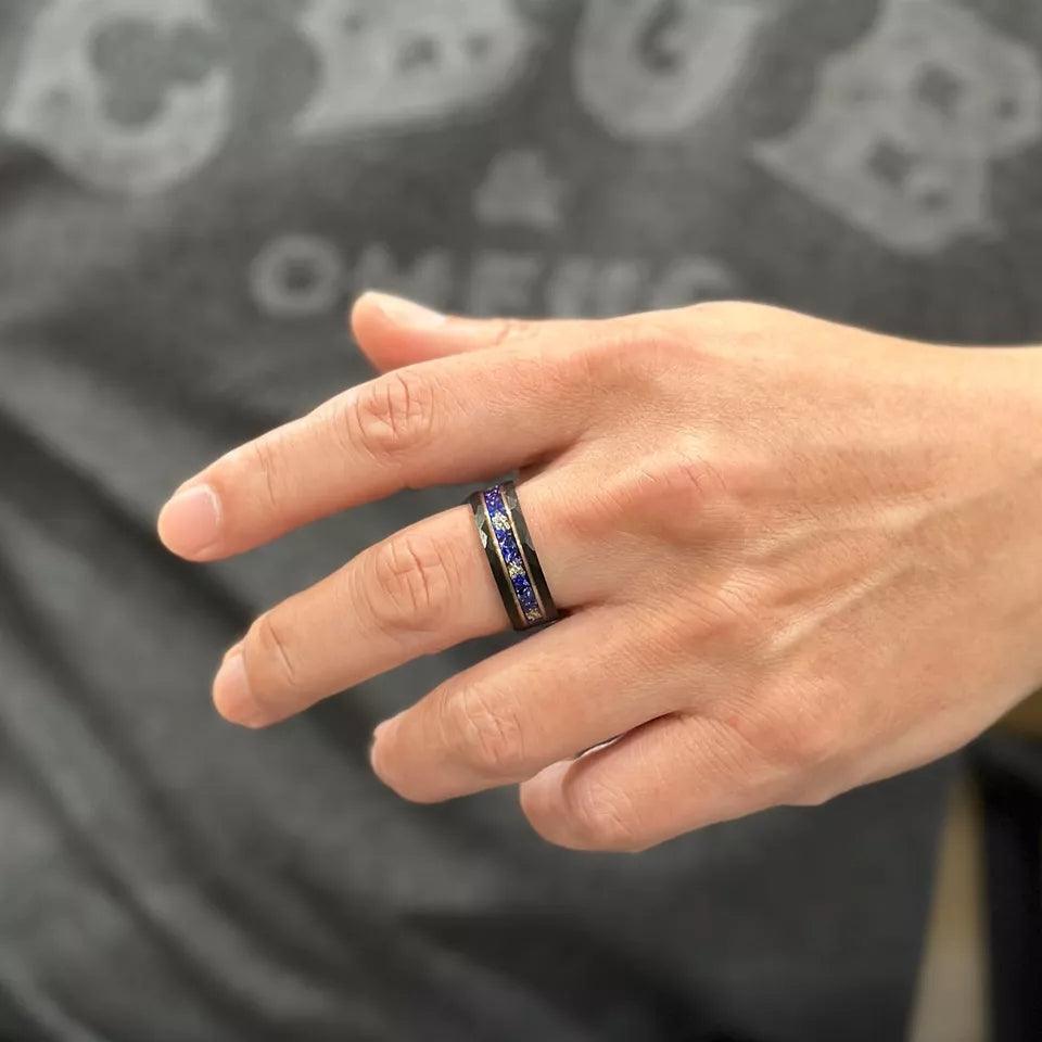 Black Tungsten Carbide Wedding Band Ring for Men & Women – Blue Opal & 24K Gold Leaf Inlay Design - Jewelry Store by Erik Rayo