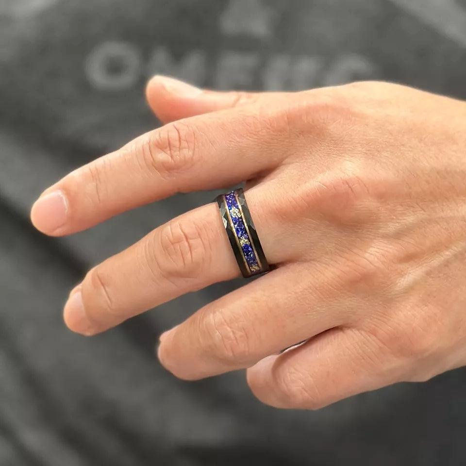 Black Tungsten Carbide Wedding Band Ring for Men & Women – Blue Opal & 24K Gold Leaf Inlay Design - Jewelry Store by Erik Rayo
