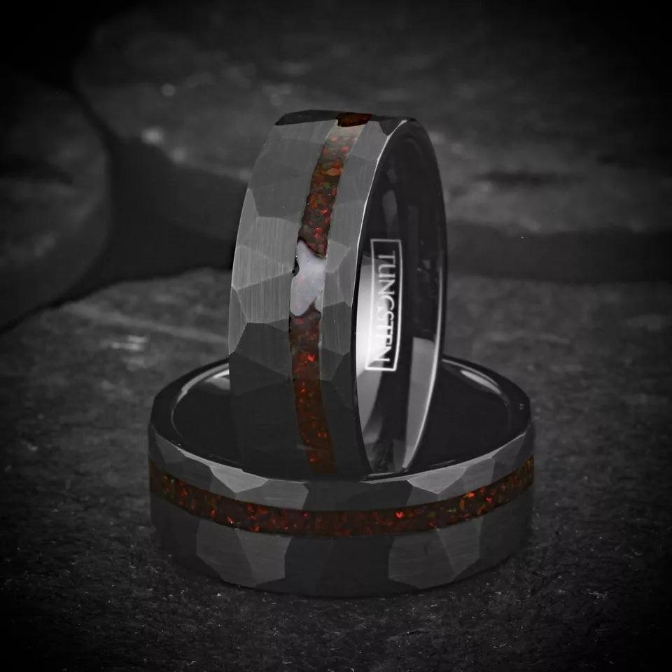 Black Faceted Wedding Band Ring for Men Tungsten Carbide Red Opal Off-Center Stripe - Jewelry Store by Erik Rayo