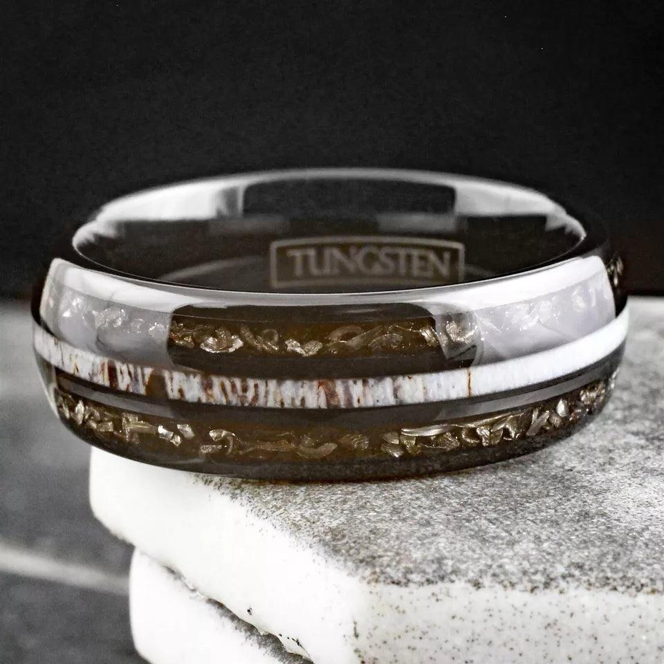 Black Meteorite Wedding Band Ring for Men Tungsten Carbide Ring Deer Antler