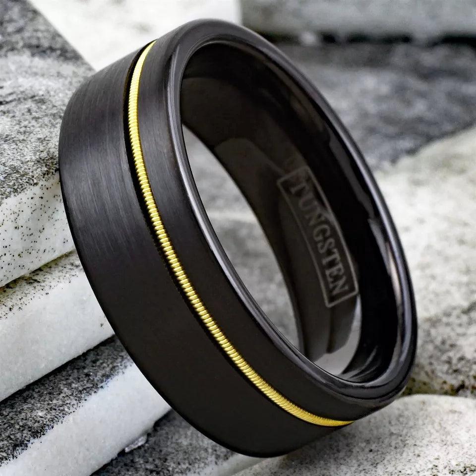 Wedding Band Rings Tungsten Carbide Black Brushed Offset Guitar String Ring for Men - Jewelry Store by Erik Rayo