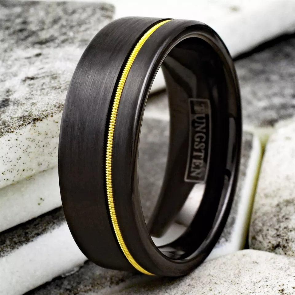 Wedding Band Rings Tungsten Carbide Black Brushed Offset Guitar String Ring for Men - Jewelry Store by Erik Rayo