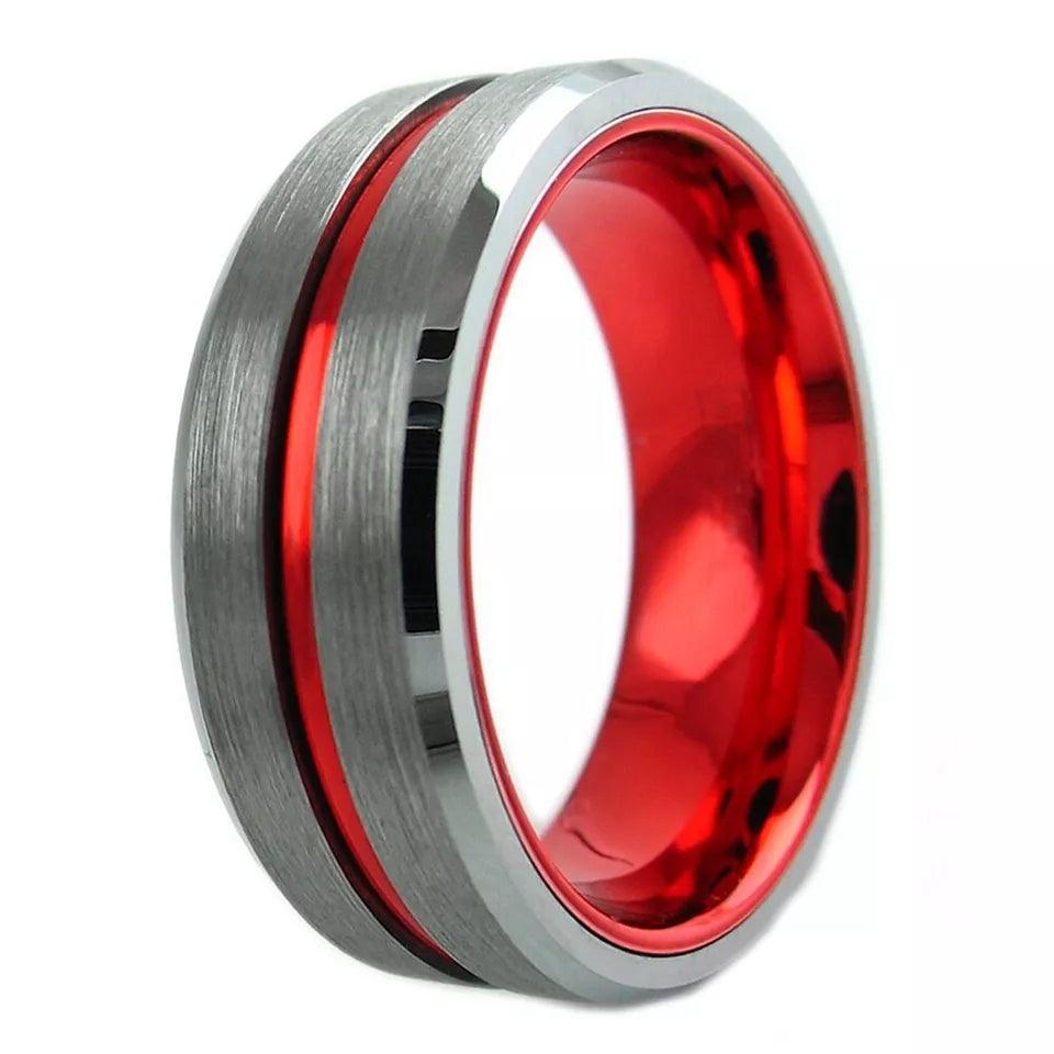 Wedding Band Ring for Men Tungsten Men's Red Line Brushed Silver - Jewelry Store by Erik Rayo