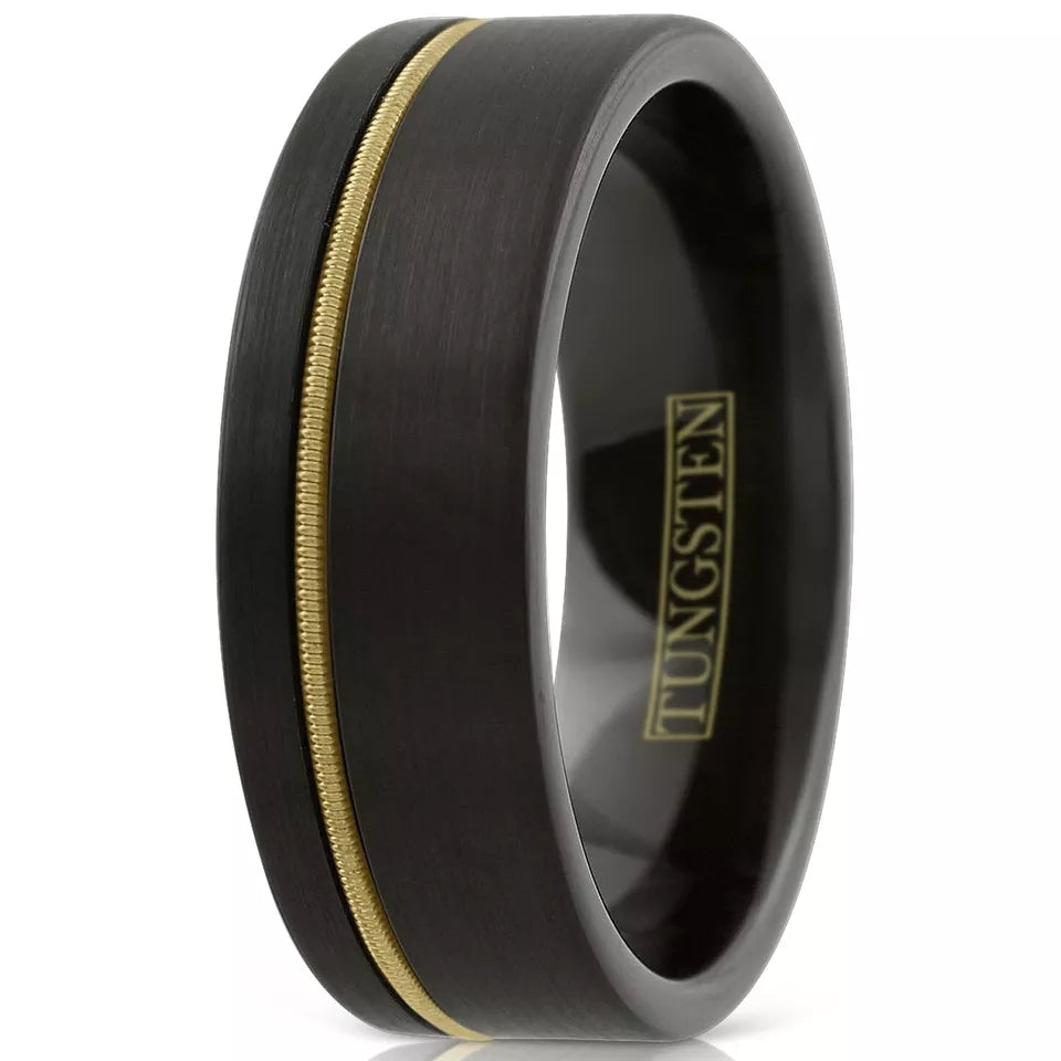 Wedding Band Rings Tungsten Carbide Black Brushed Offset Guitar String Ring for Men