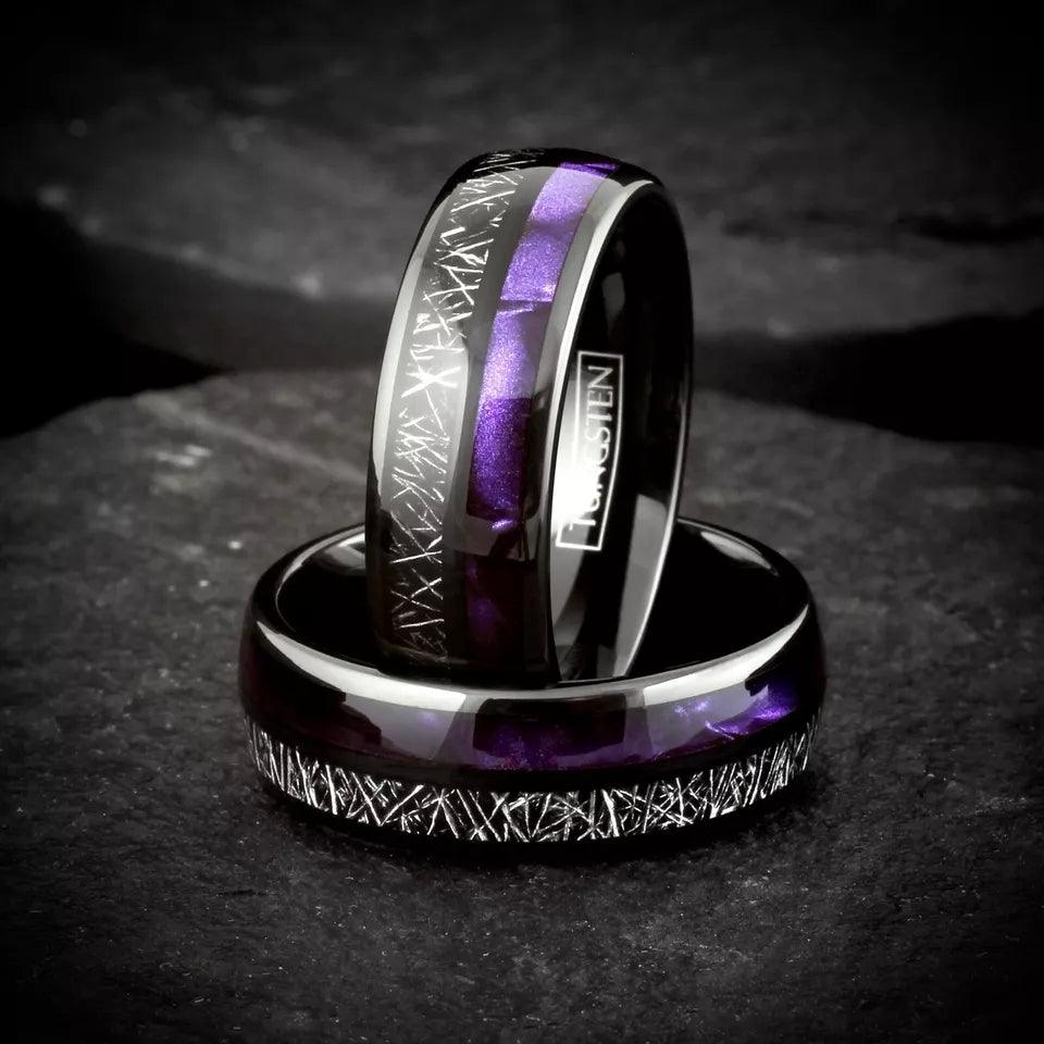 Wedding Band Ring Black Tungsten Carbide Purple Shell with Meteorite Stripe Ring for Men