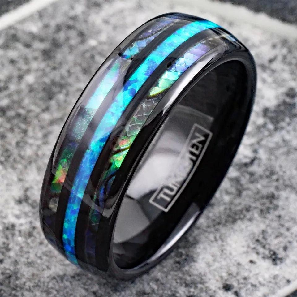 Hawaiian Blue Opal Tungsten Carbide Wedding Band Ring for Men & Women – Black & Abalone Design - Jewelry Store by Erik Rayo