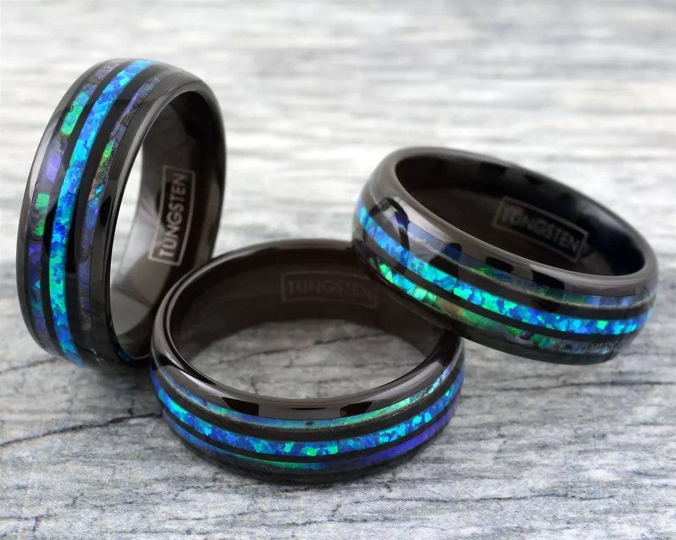 Hawaiian Blue Opal Tungsten Carbide Wedding Band Ring for Men & Women – Black & Abalone Design - Jewelry Store by Erik Rayo
