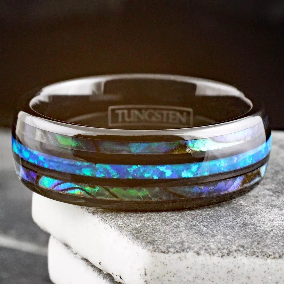 Hawaiian Blue Opal Tungsten Carbide Wedding Band Ring for Men & Women – Black & Abalone Design - Jewelry Store by Erik Rayo