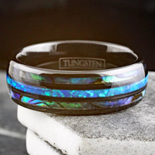 Load image into Gallery viewer, Hawaiian Blue Opal Wedding Band Ring for Men Black Tungsten Carbide Abalone Men&#39;s Wedding Band
