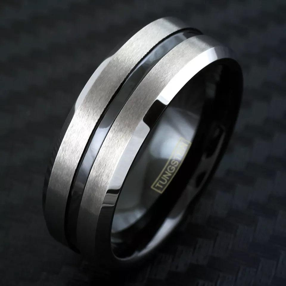 Silver Black Tungsten Carbide Wedding Band Ring for Men & Women – Brushed Black Stripe Design - Jewelry Store by Erik Rayo