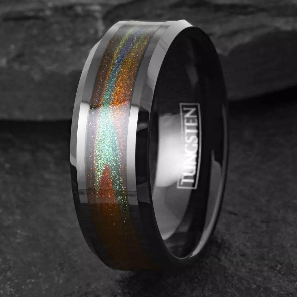Wedding Band Ring Black Tungsten Carbide Green & Red Flowing Sand Ring for Men - Jewelry Store by Erik Rayo