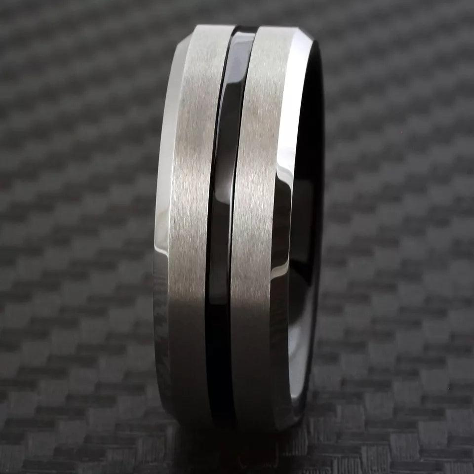 Silver Black Tungsten Carbide Wedding Band Ring for Men & Women – Brushed Black Stripe Design - Jewelry Store by Erik Rayo