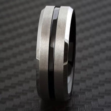 Load image into Gallery viewer, Silver Black Tungsten Carbide Wedding Band Ring for Men &amp; Women – Brushed Black Stripe Design
