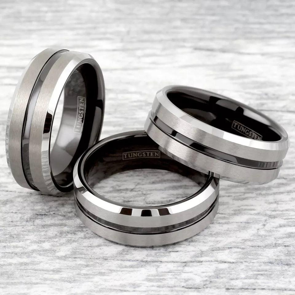 Silver Black Tungsten Carbide Wedding Band Ring for Men & Women – Brushed Black Stripe Design - Jewelry Store by Erik Rayo