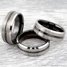 Load image into Gallery viewer, Silver Black Tungsten Carbide Wedding Band Ring for Men &amp; Women – Brushed Black Stripe Design
