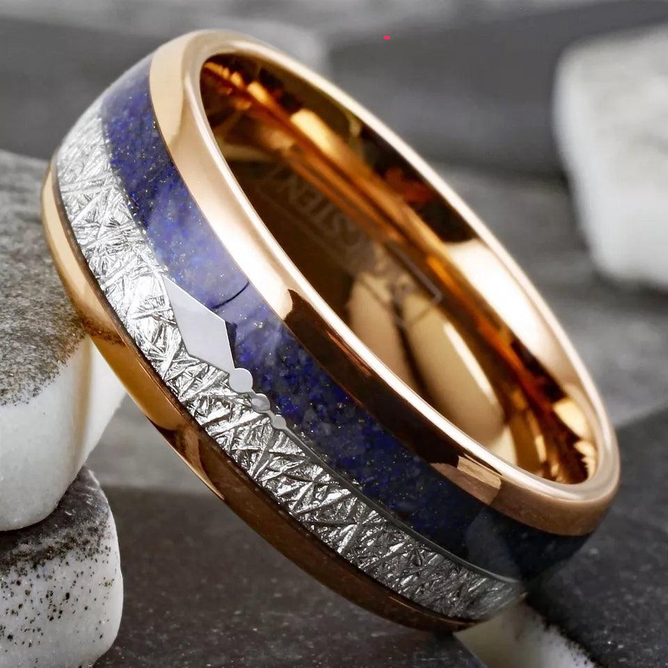 Rose Gold Tungsten Carbide Wedding Band Ring for Men & Women – Meteorite & Blue Lapis Lazuli Inlay Design