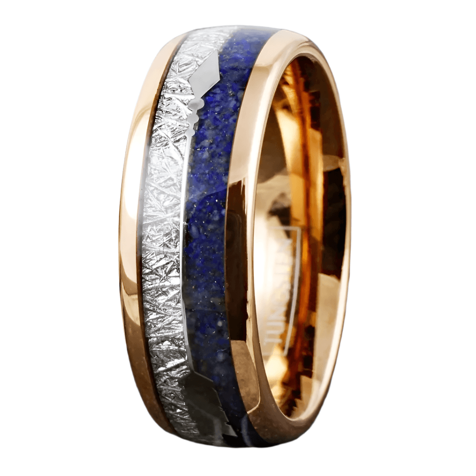 Rose Gold Tungsten Carbide Wedding Band Ring for Men & Women – Meteorite & Blue Lapis Lazuli Inlay Design - Jewelry Store by Erik Rayo