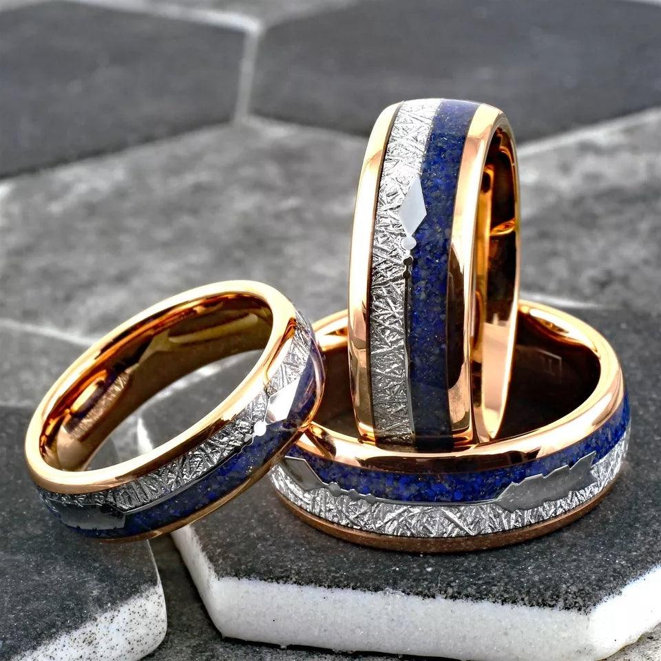 Rose Gold Tungsten Carbide Wedding Band Ring for Men & Women – Meteorite & Blue Lapis Lazuli Inlay Design - Jewelry Store by Erik Rayo