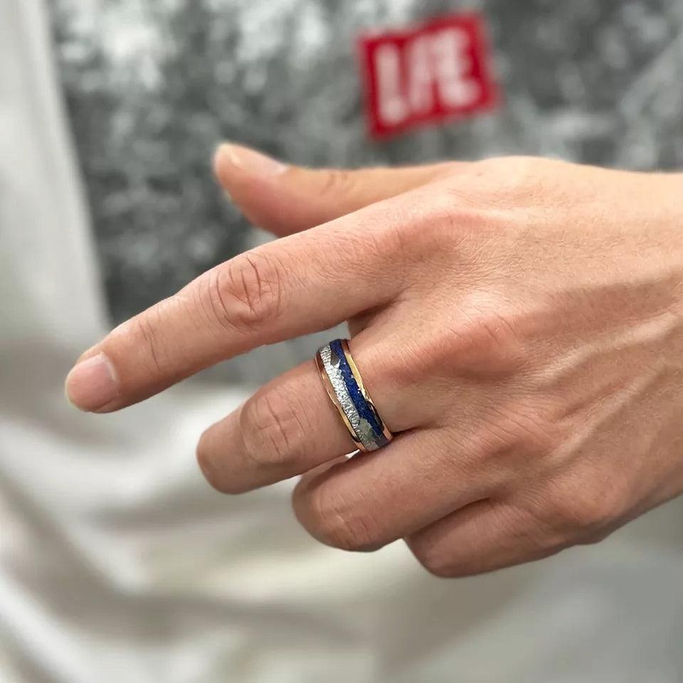 Rose Gold Tungsten Carbide Wedding Band Ring for Men & Women – Meteorite & Blue Lapis Lazuli Inlay Design - Jewelry Store by Erik Rayo