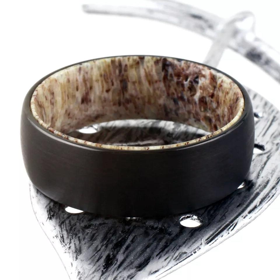 Wedding Band Ring for Men Black Tungsten Carbide Deer Antler Inside Wedding Band Ring - Jewelry Store by Erik Rayo