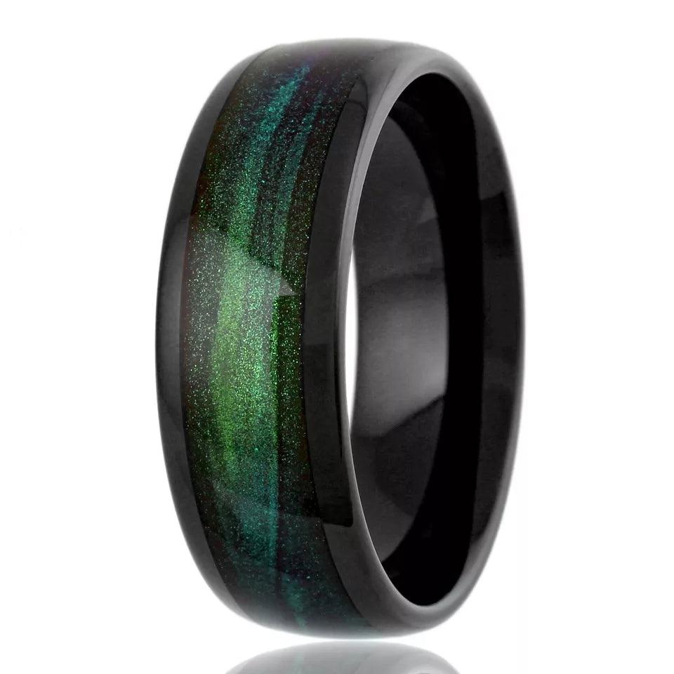 Wedding Band Ring for Men Black Tungsten Carbide Green Flowing Sand - Jewelry Store by Erik Rayo