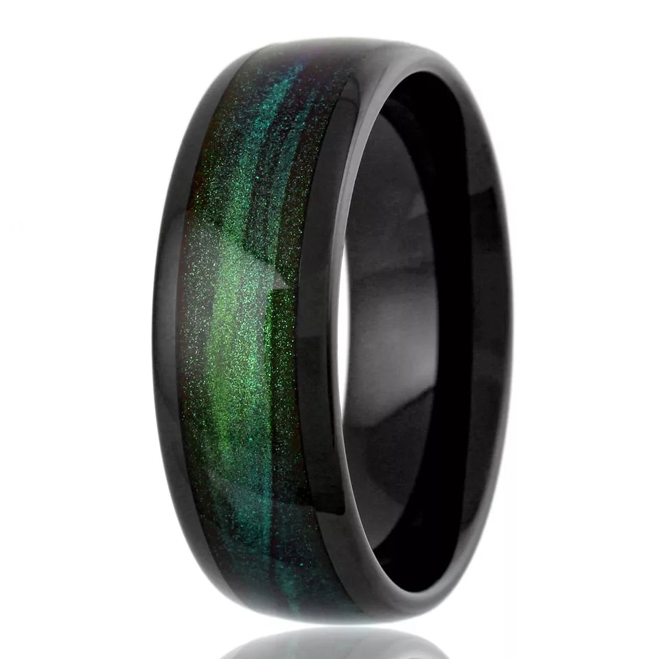 Wedding Band Ring for Men Black Tungsten Carbide Green Flowing Sand