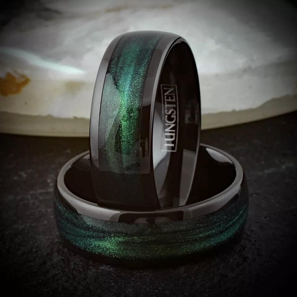 Wedding Band Ring for Men Black Tungsten Carbide Green Flowing Sand - Jewelry Store by Erik Rayo