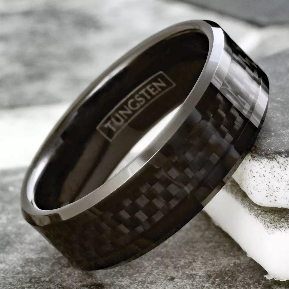 Unique Black Tungsten Carbide Wedding Band Ring for Men & Women – Black Carbon Fiber Inlay Design - Jewelry Store by Erik Rayo