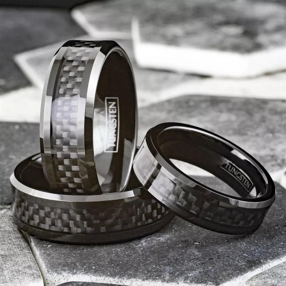 Unique Black Tungsten Carbide Wedding Band Ring for Men & Women – Black Carbon Fiber Inlay Design - Jewelry Store by Erik Rayo
