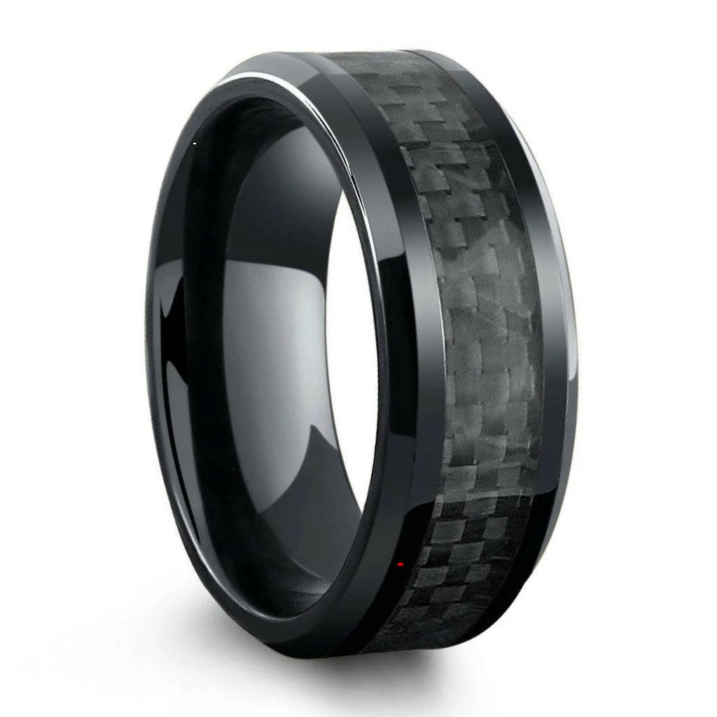 Unique Black Tungsten Carbide Wedding Band Ring for Men & Women – Black Carbon Fiber Inlay Design - Jewelry Store by Erik Rayo