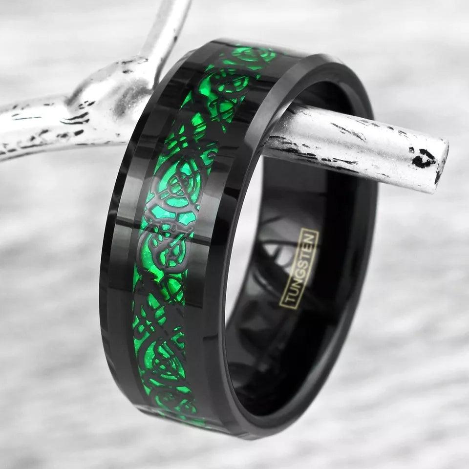 Unique Black Tungsten Carbide Wedding Band Ring for Men & Women – Green Celtic Dragon Design - Jewelry Store by Erik Rayo