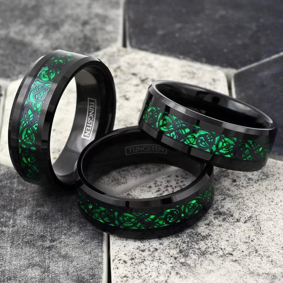 Unique Black Tungsten Carbide Wedding Band Ring for Men & Women – Green Celtic Dragon Design - Jewelry Store by Erik Rayo