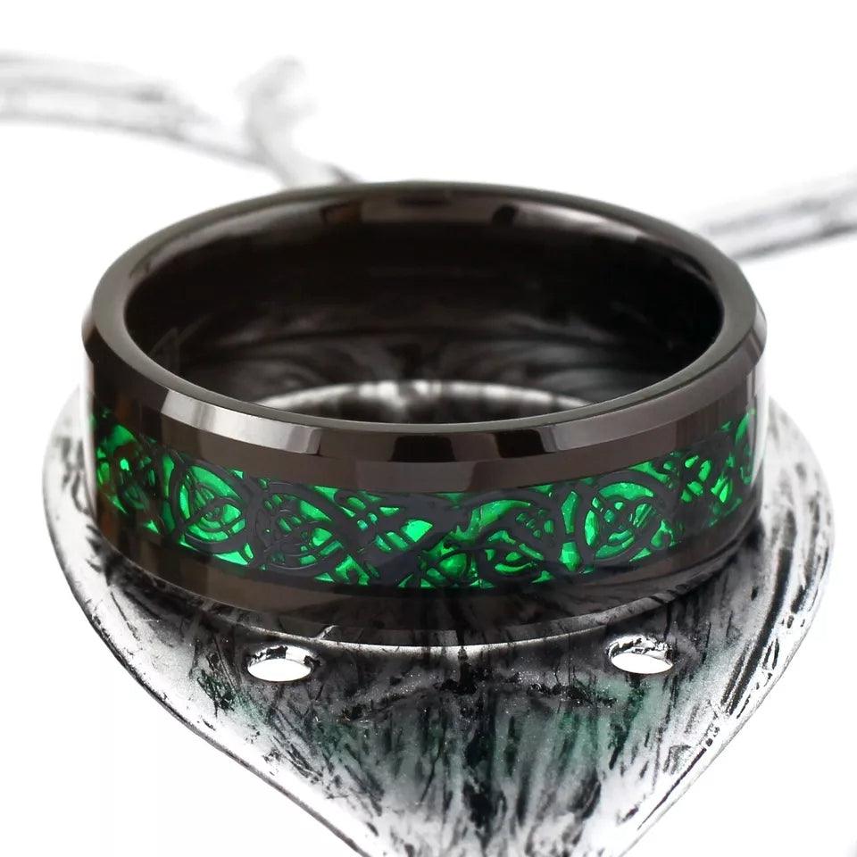 Unique Black Tungsten Carbide Wedding Band Ring for Men & Women – Green Celtic Dragon Design - Jewelry Store by Erik Rayo