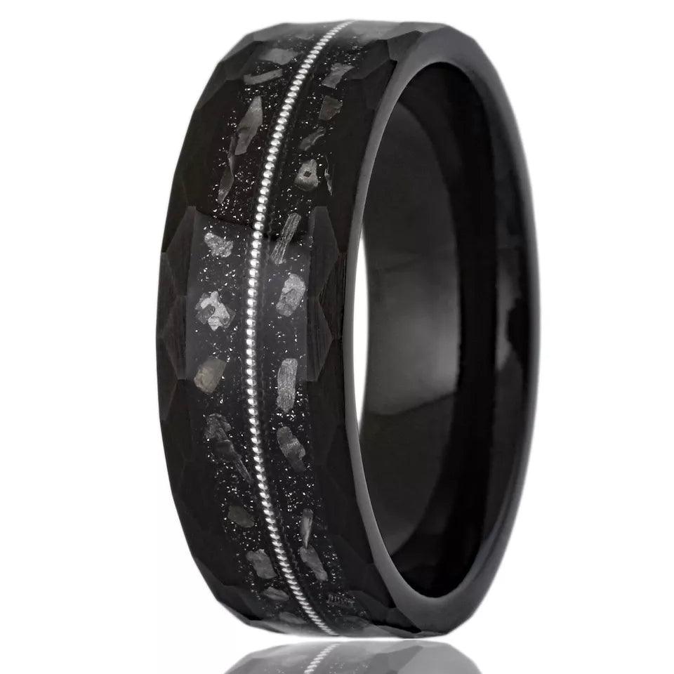 Black Tungsten Carbide Wedding Band Ring for Men Meteorite Guitar String Band Ring