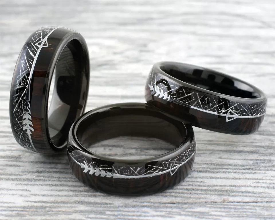 Black Meteorite Wedding Band Ring for Men Tungsten Koa Wood and Arrow - Jewelry Store by Erik Rayo