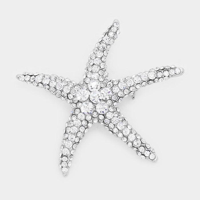 Silver Stone Paved Starfish Pin Brooch