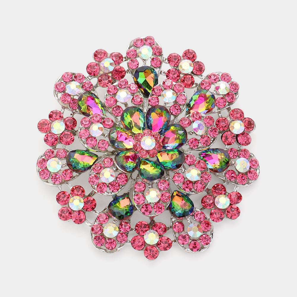 Green Oversized Flower Crystal Pave Pin Brooch