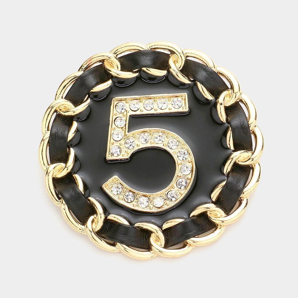 Black No. 5 Metal Chain Trimmed Round Pin Brooch - Jewelry Store by Erik Rayo