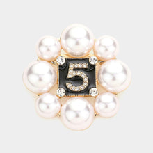 Load image into Gallery viewer, Black No. 5 Pearl Trimmed Round Pin Brooch
