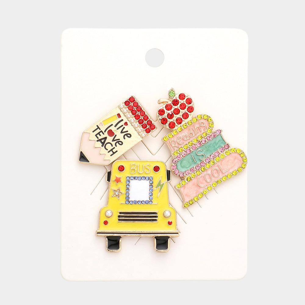 3PCS - Live Love Teach Message Pencil School Bus Apple Reading Is Cool Books Lapel Mini Pin Brooches - Jewelry Store by Erik Rayo