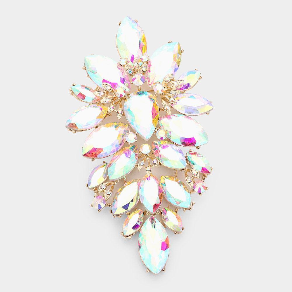 Gold Oversized Glass Crystal Marquise Pin Brooch