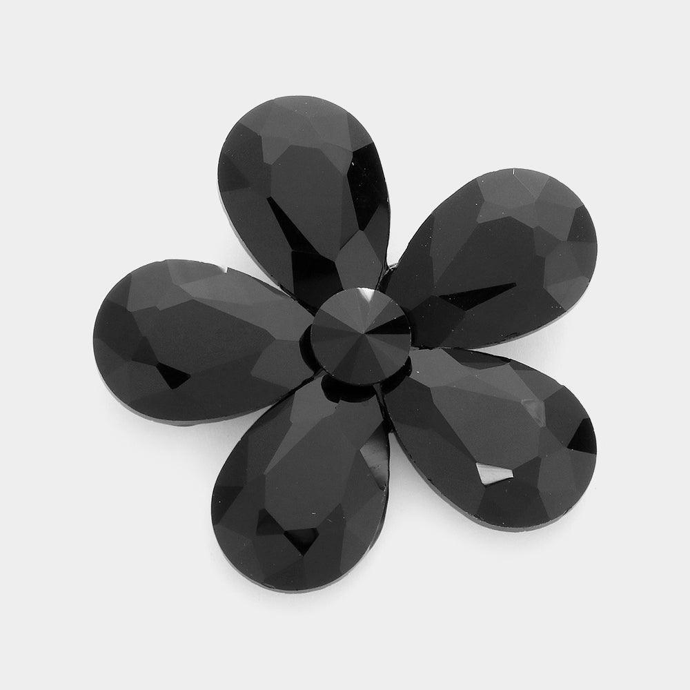 Black Crystal Rhinestone Flower Brooch
