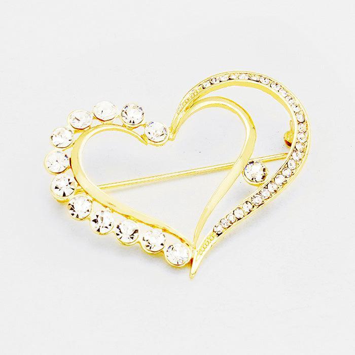 Gold Stone Trimmed Heart Pin Brooch